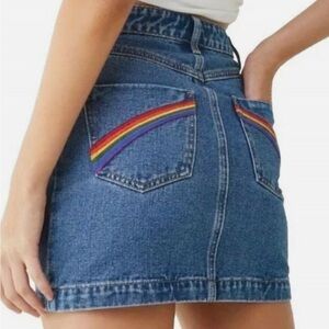 Forever 21 rainbow pocket blue denim mini jean skirt size medium